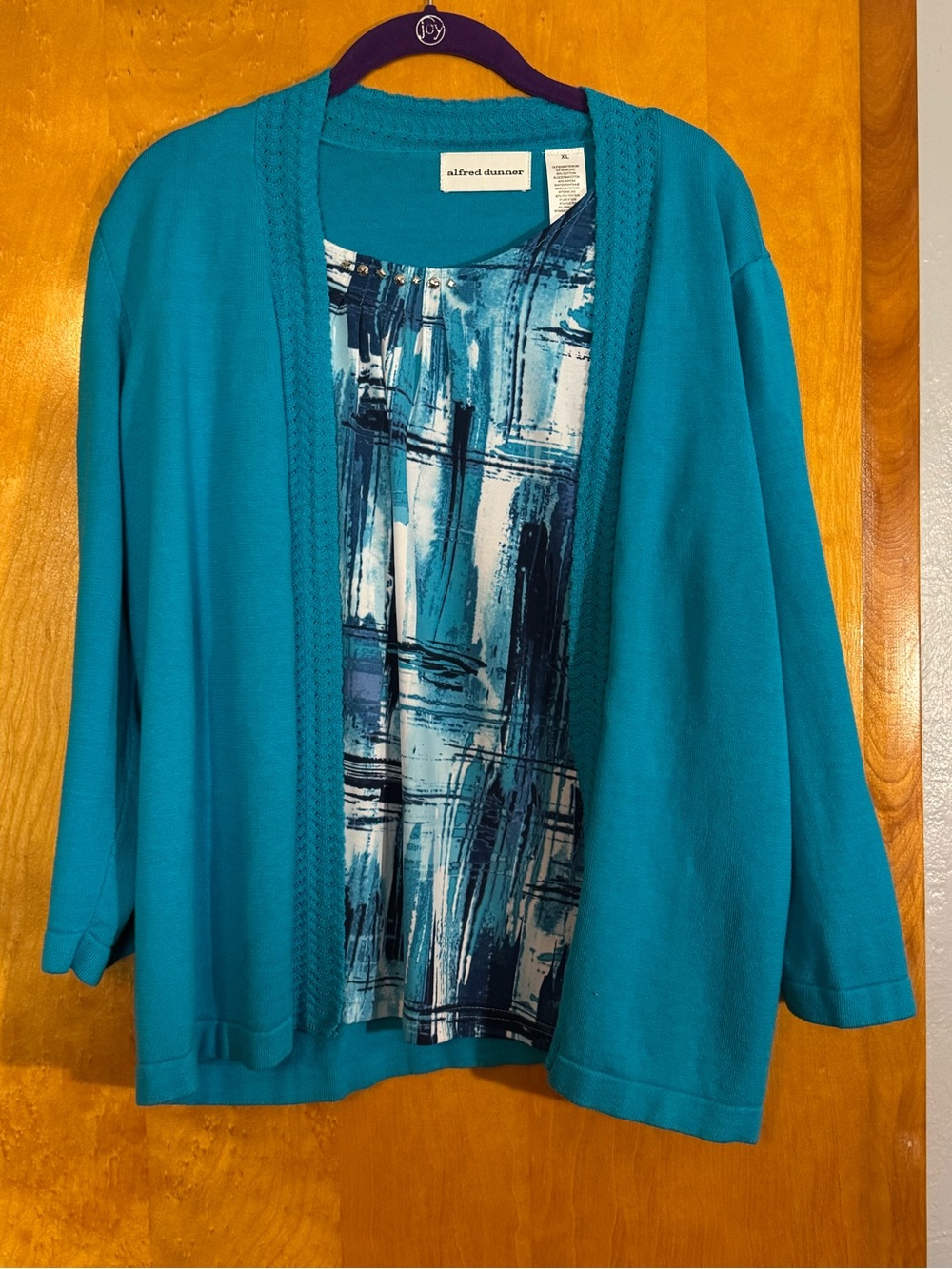 Alfred Dunner Teal Open-Front Cardigan with Abstract Blue-Print Shell
